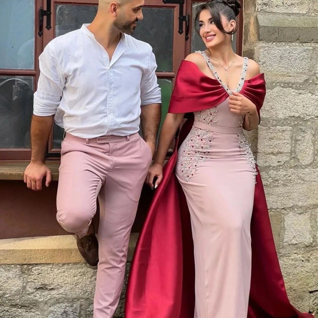 Luxury Pink Burgundy Mermaid Evening Dress with Cape SS446
