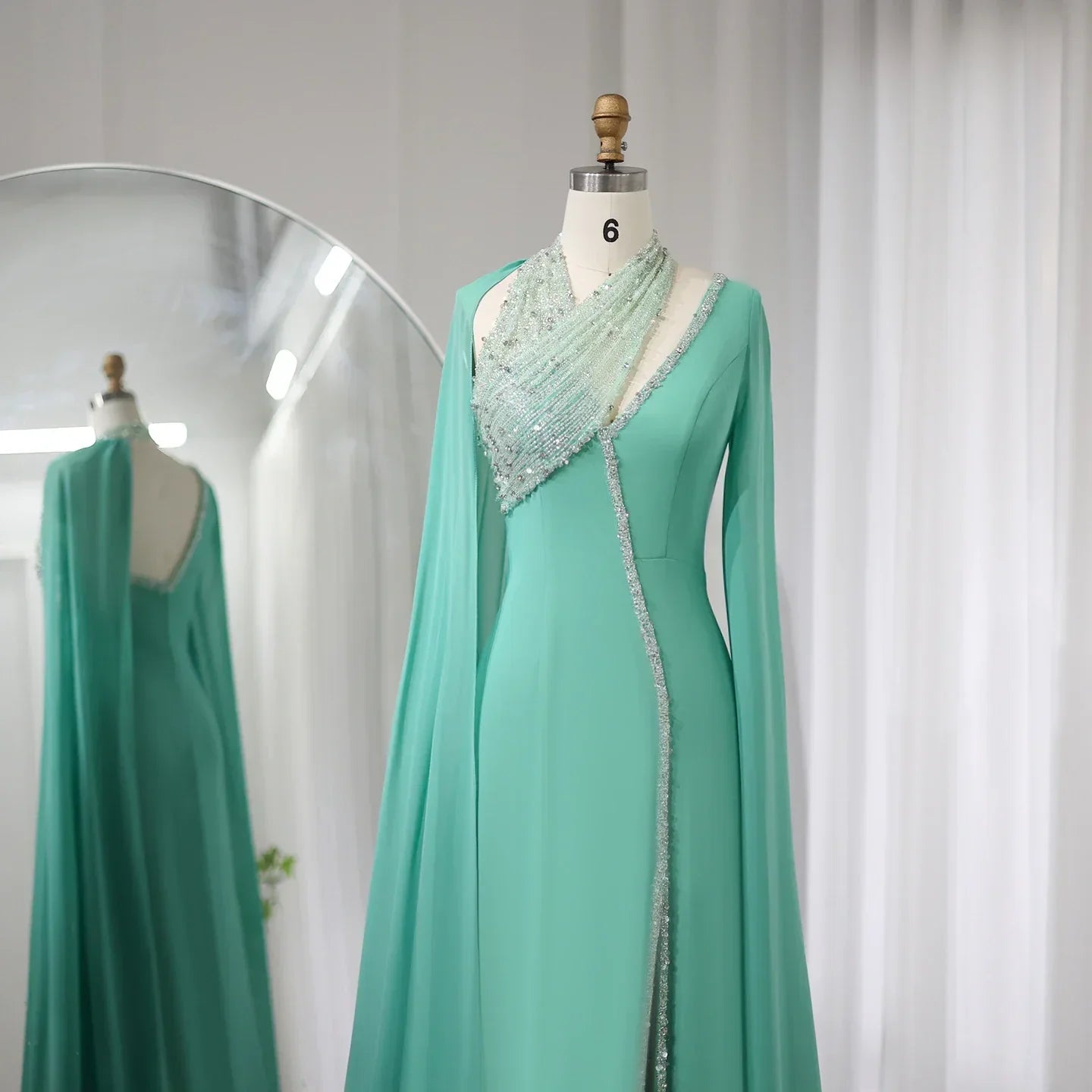 Luxury Beaded Turquoise Chiffon Evening Dress with Cape Sleeves SS474