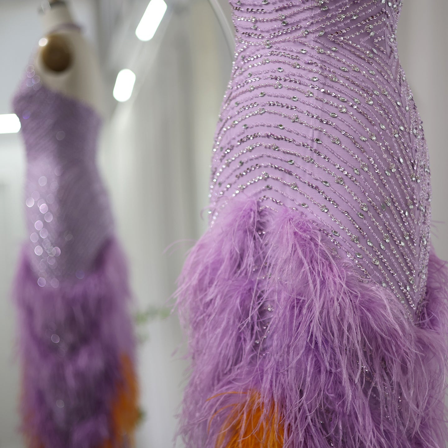 Luxury Feathers Lilac Crystal Mermaid Evening Dresses SS473