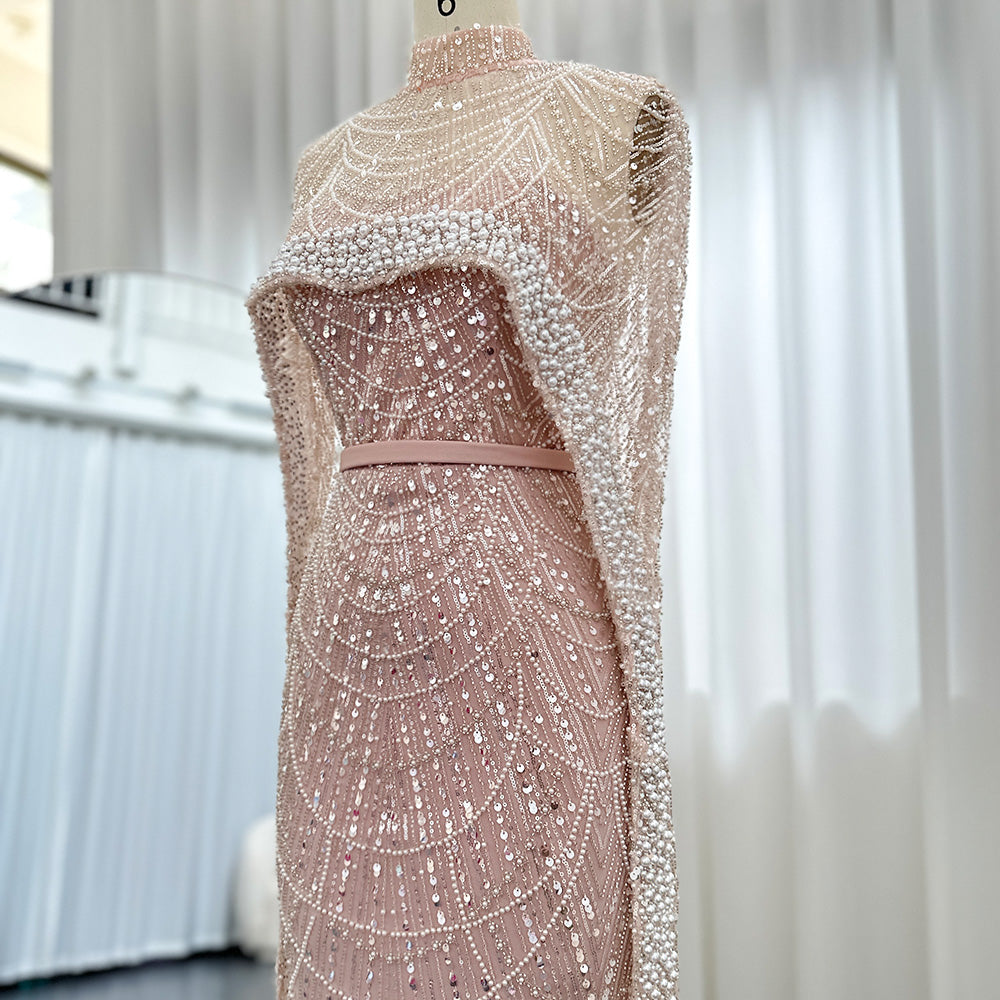 Luxury Pearls Champagne Mermaid Evening Dress with Cape SS369