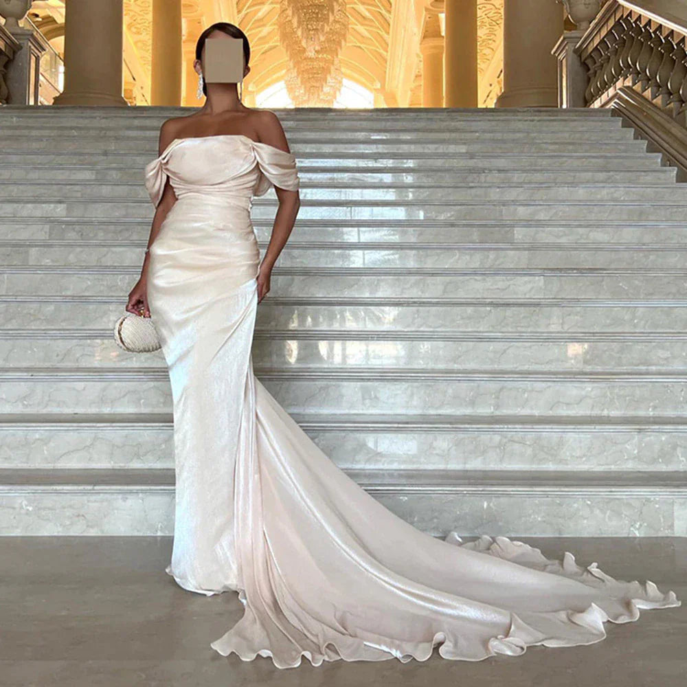 Elegant Off Shoulder Beige Mermaid Evening Dress SF001