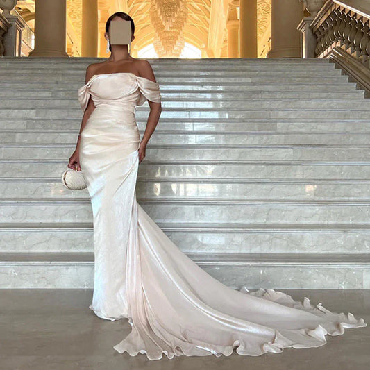 Elegant Off Shoulder Beige Mermaid Evening Dress SF001