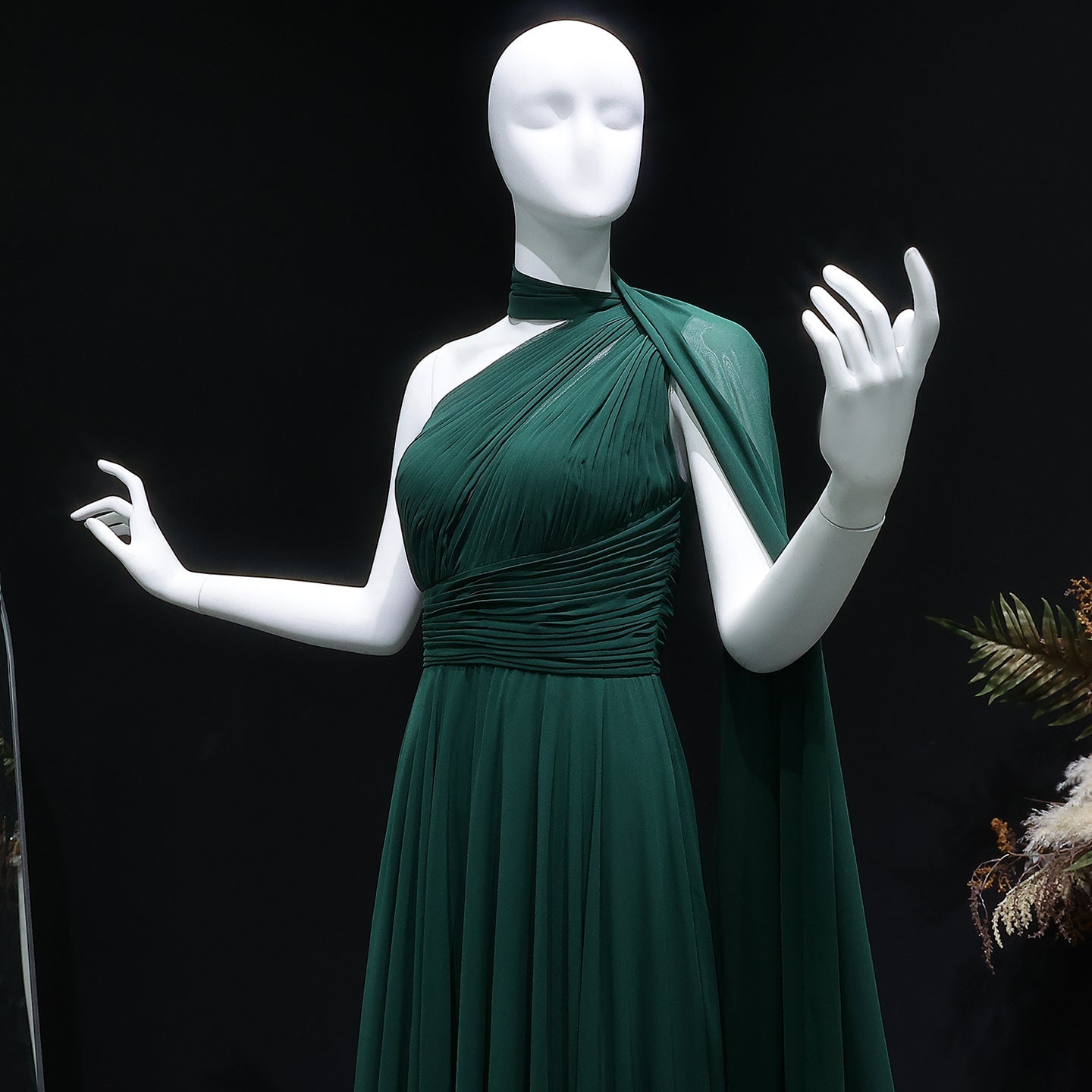 Elegant Emerald Green One-Shoulder Pleated Chiffon Evening Dress with Cap SF019A