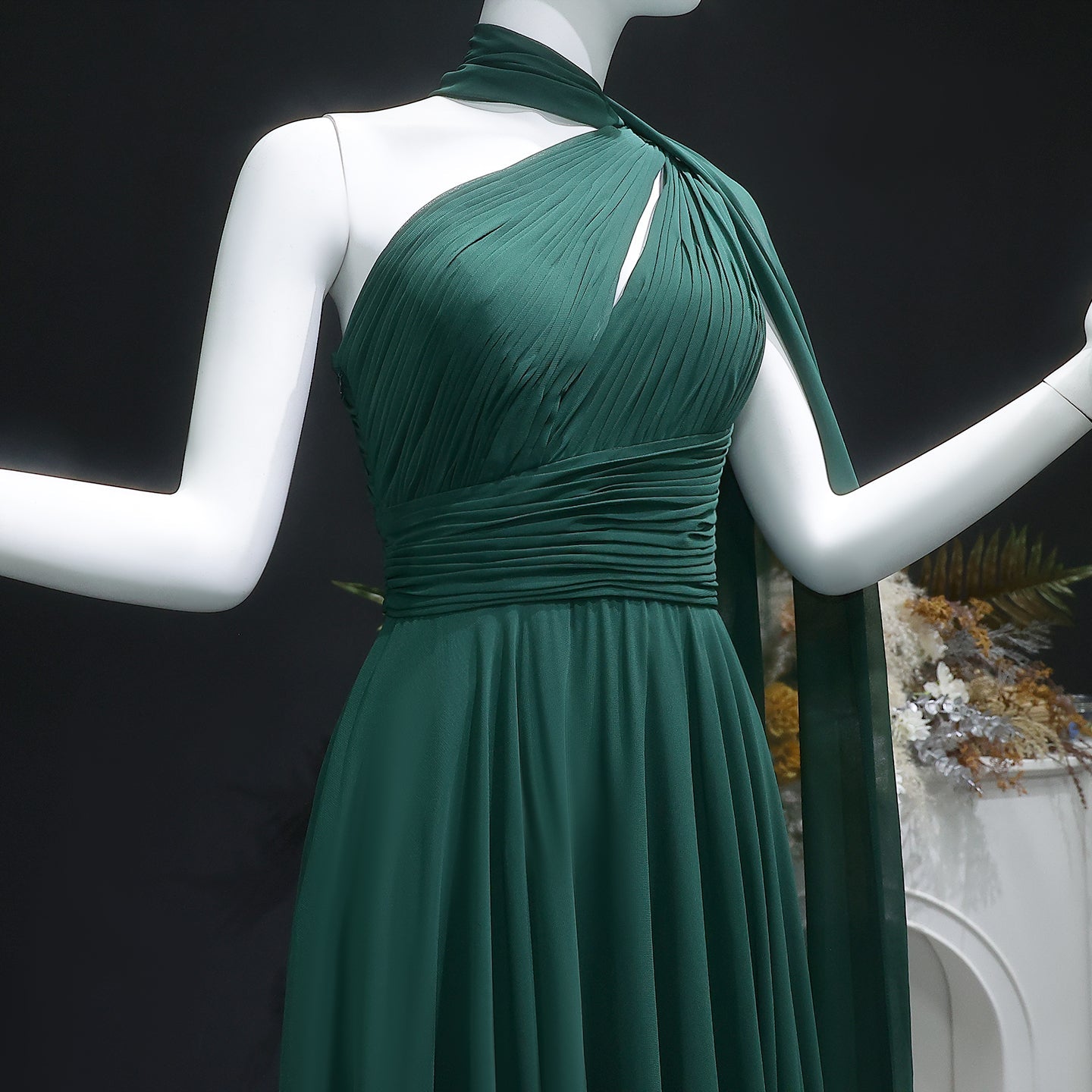 Elegant Emerald Green One-Shoulder Pleated Chiffon Evening Dress with Cap SF019A
