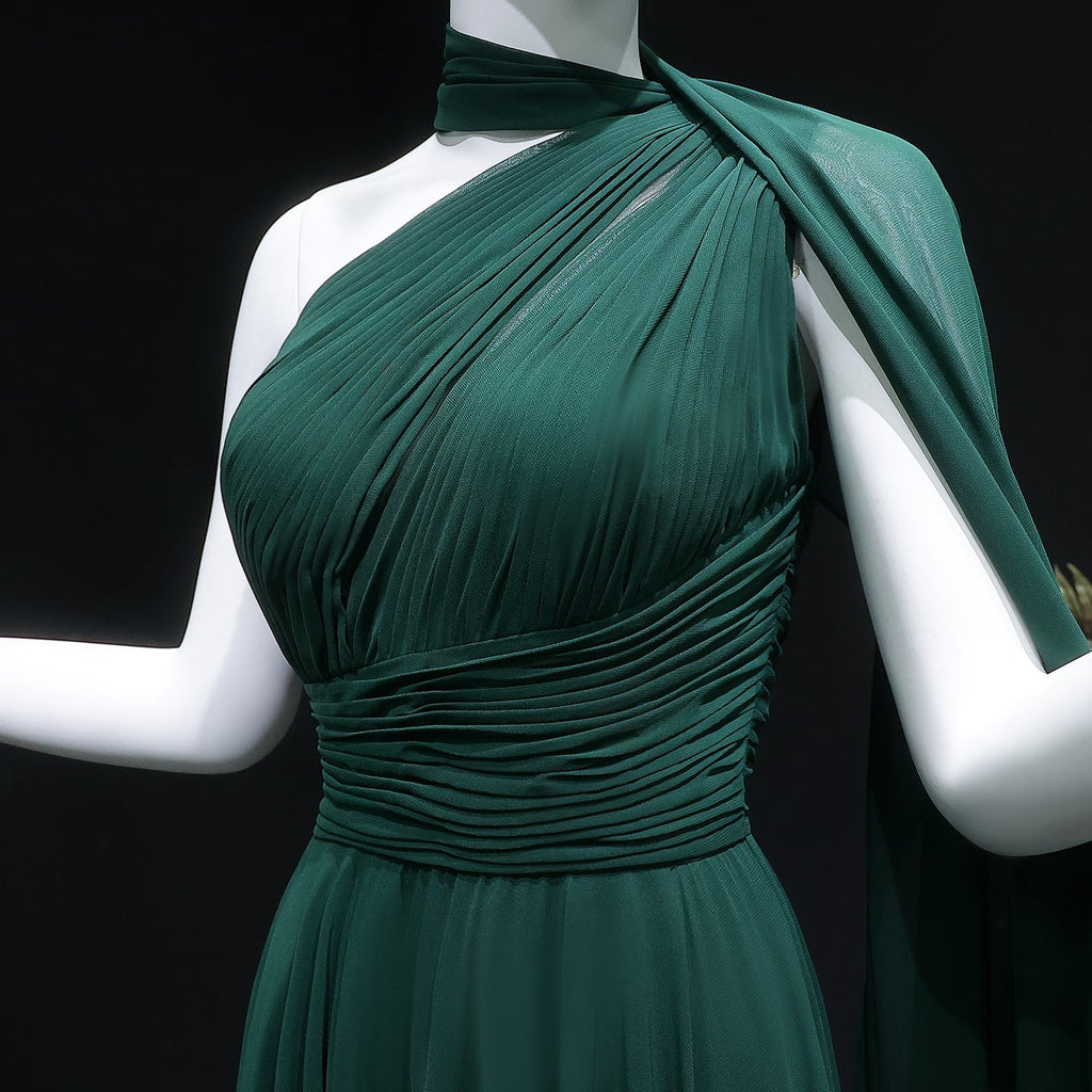 Elegant Emerald Green One-Shoulder Pleated Chiffon Evening Dress with Cap SF019A