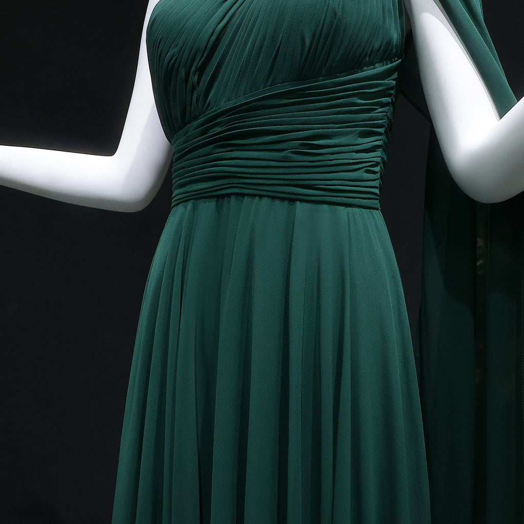 Elegant Emerald Green One-Shoulder Pleated Chiffon Evening Dress with Cap SF019A