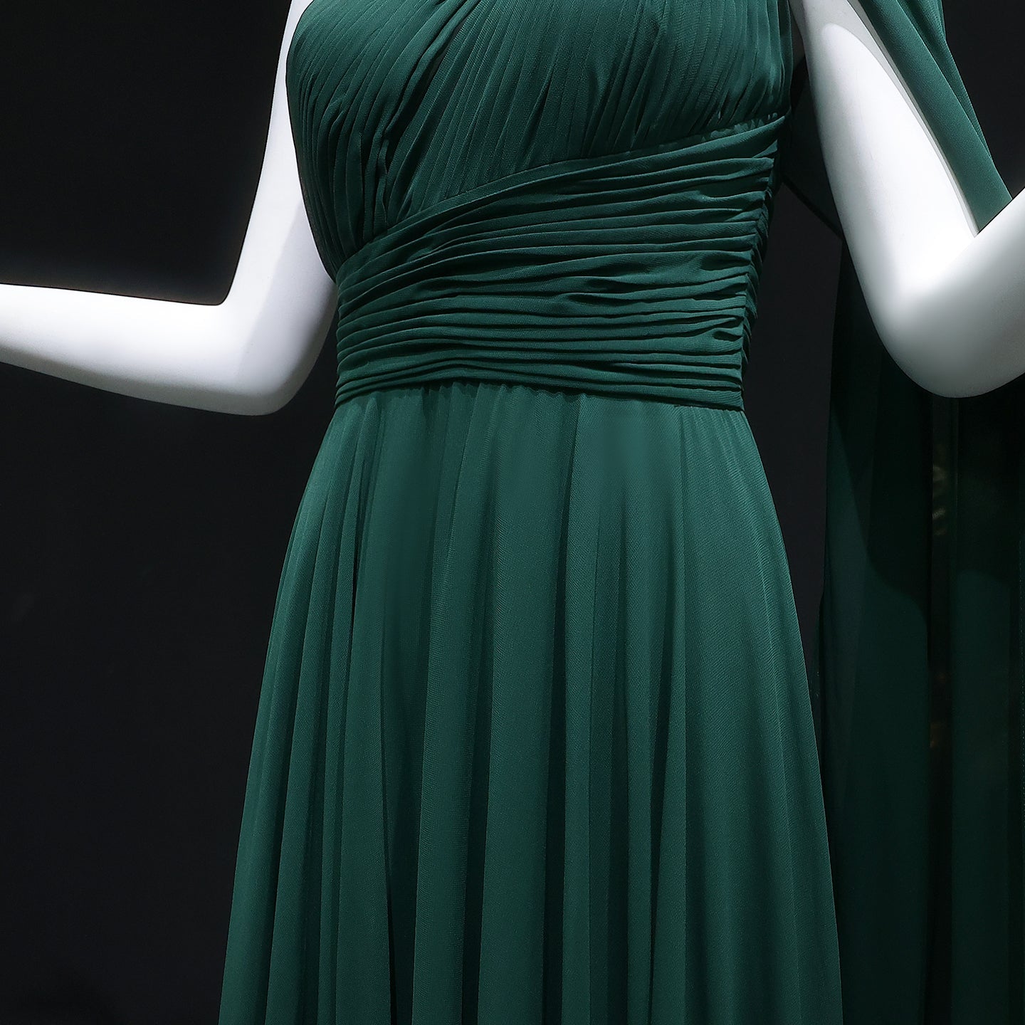 Elegant Emerald Green One-Shoulder Pleated Chiffon Evening Dress with Cap SF019A