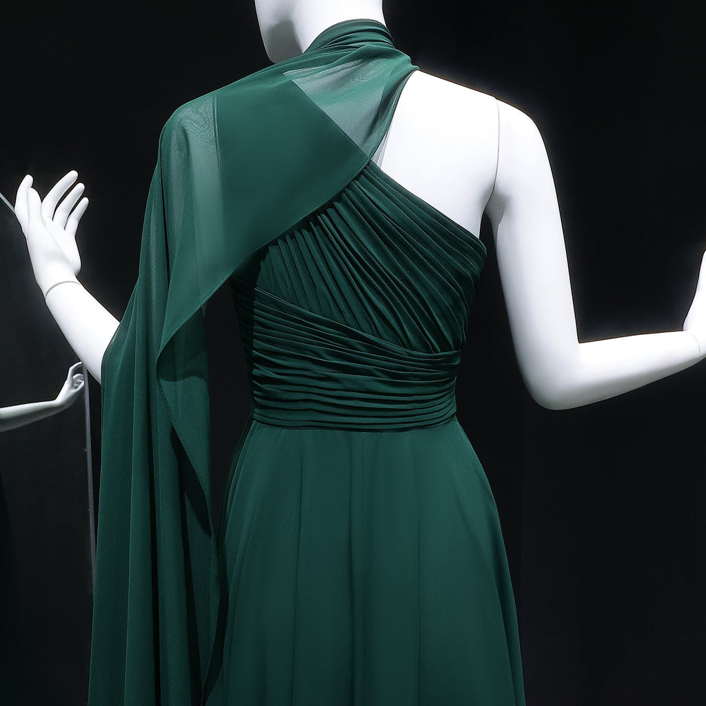 Elegant Emerald Green One-Shoulder Pleated Chiffon Evening Dress with Cap SF019A