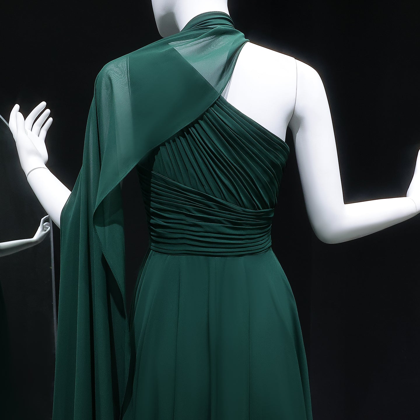 Elegant Emerald Green One-Shoulder Pleated Chiffon Evening Dress with Cap SF019A