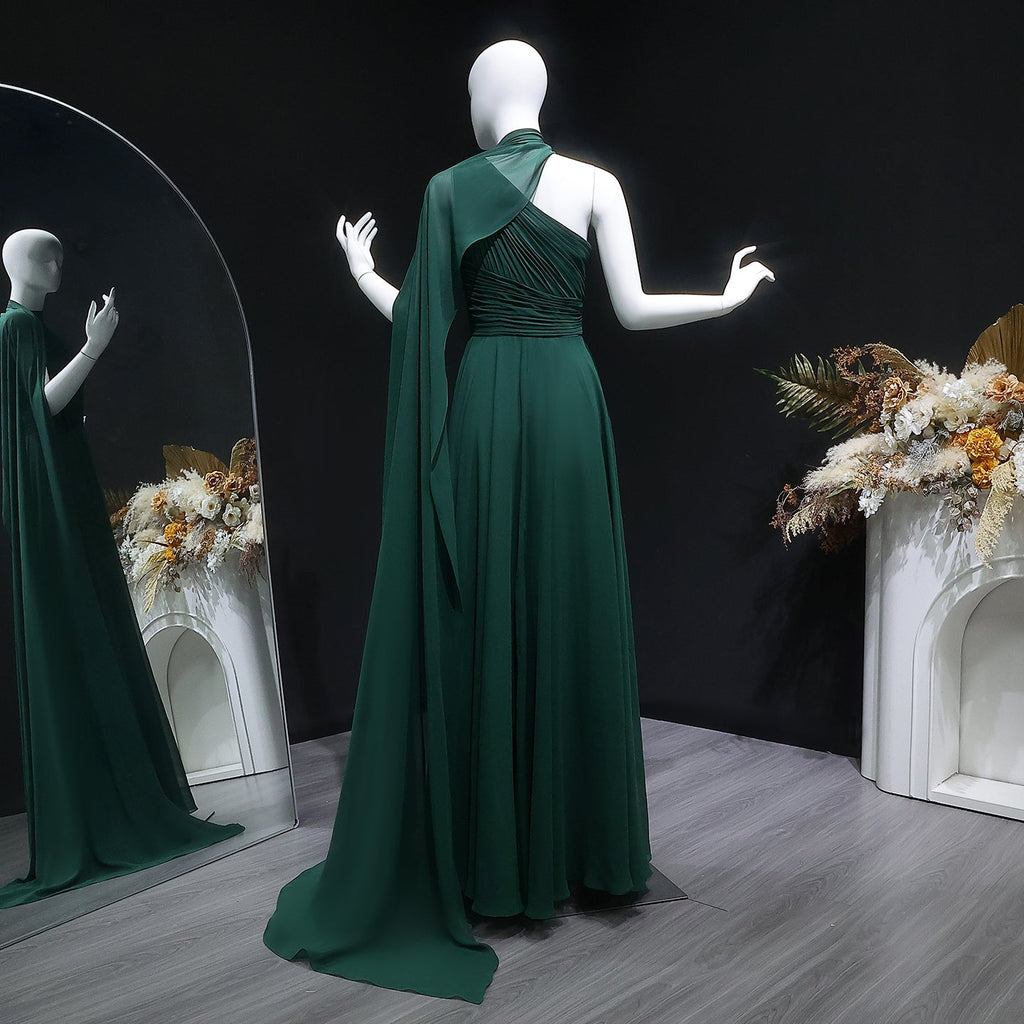 Elegant Emerald Green One-Shoulder Pleated Chiffon Evening Dress with Cap SF019A