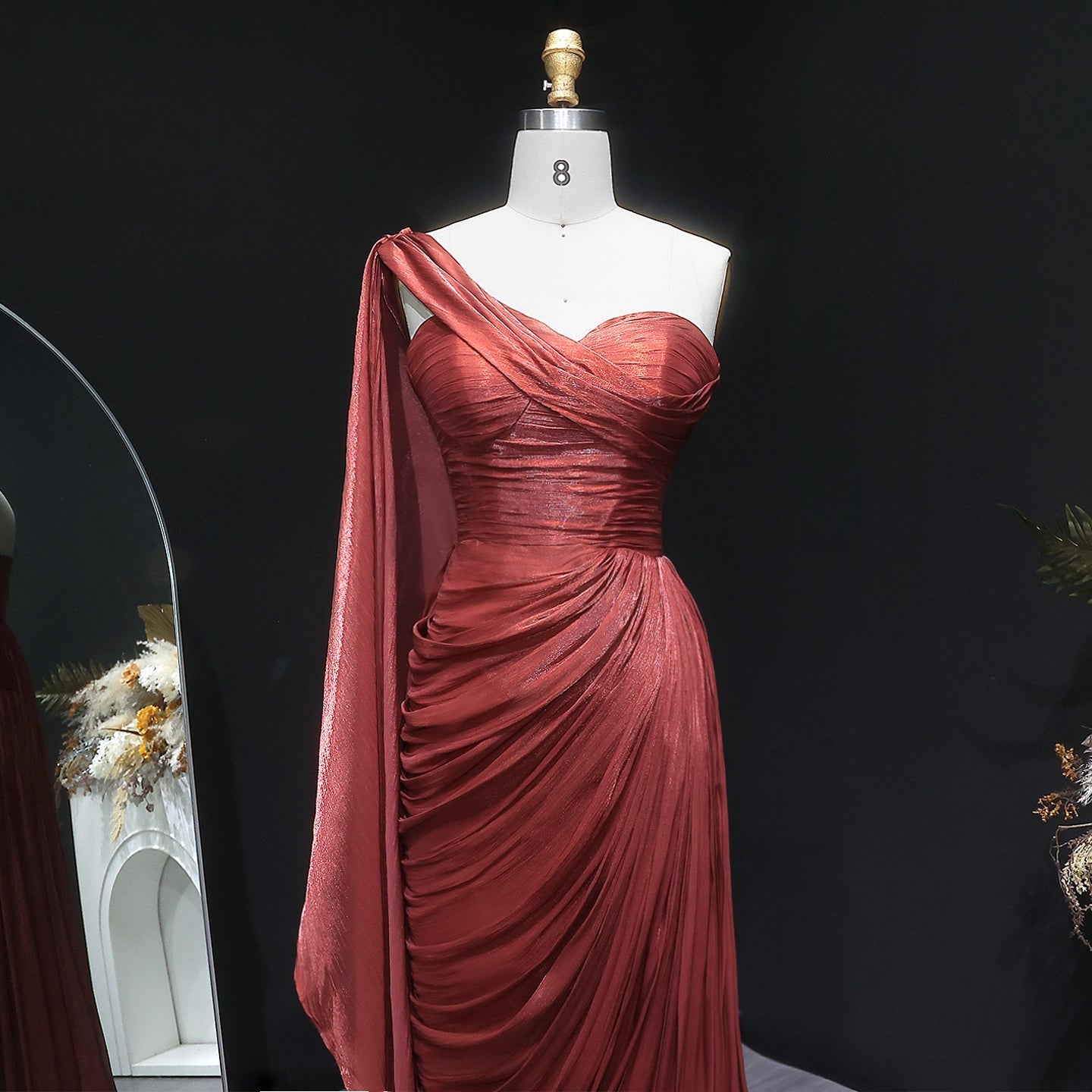 Luxury Fuchsia One Shoulder Evening Dress with Cap SF029