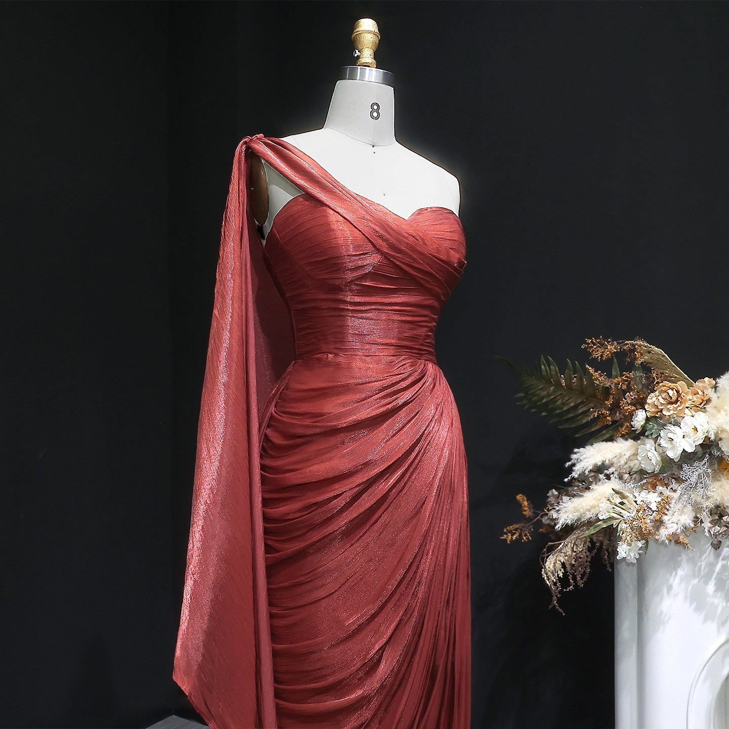 Luxury Fuchsia One Shoulder Evening Dress with Cap SF029