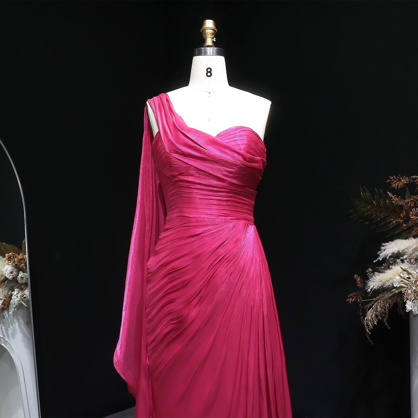 Luxury Fuchsia One Shoulder Evening Dress with Cap SF029