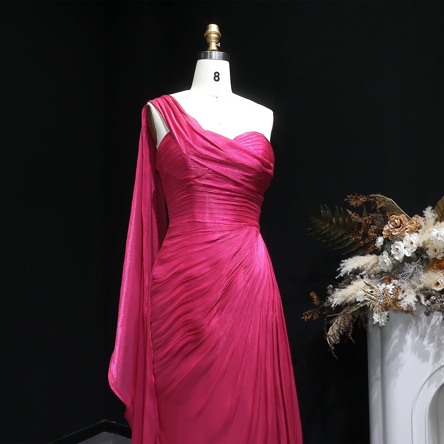 Luxury Fuchsia One Shoulder Evening Dress with Cap SF029