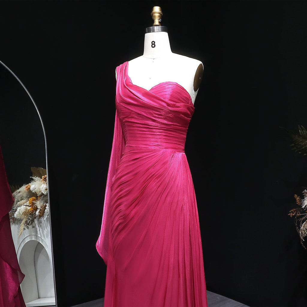 Luxury Fuchsia One Shoulder Evening Dress with Cap SF029