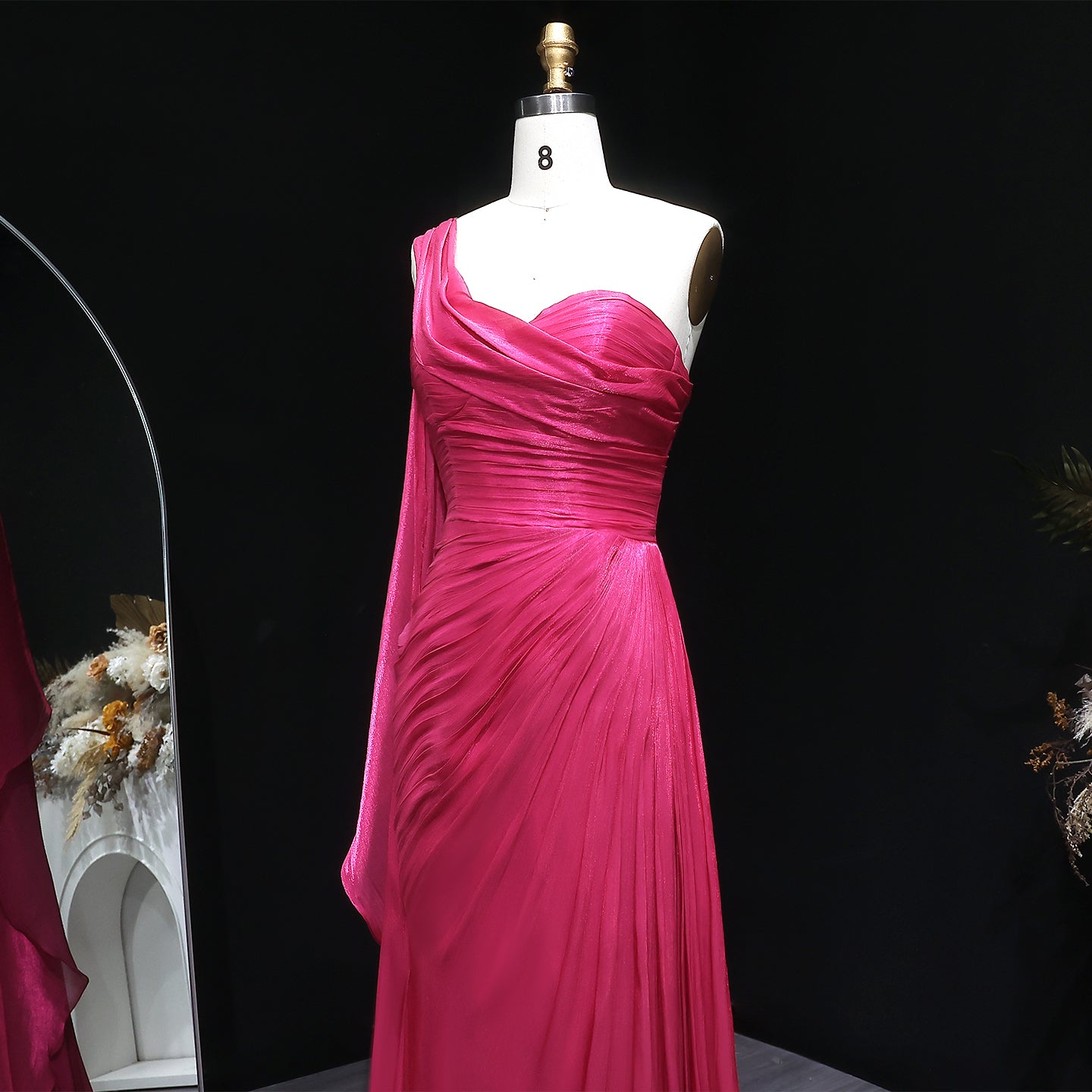 Luxury Fuchsia One Shoulder Evening Dress with Cap SF029