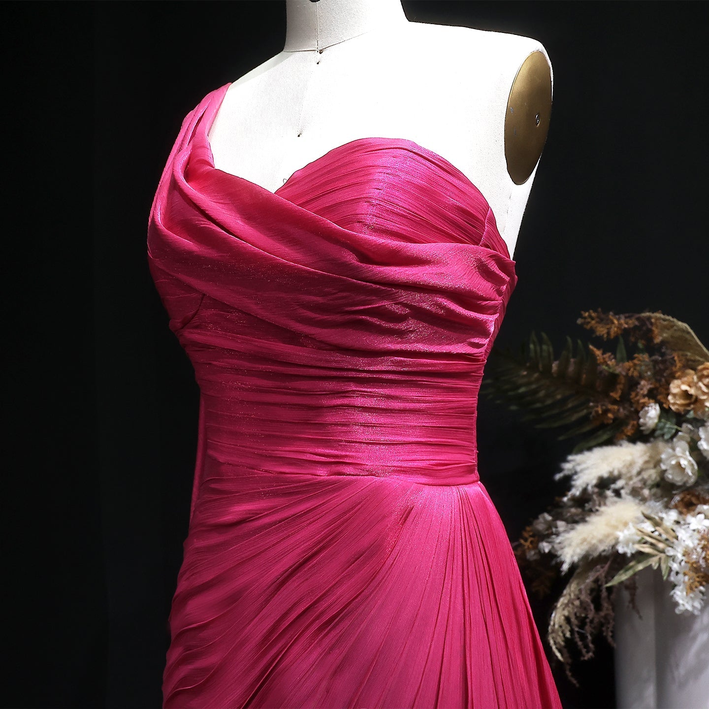 Luxury Fuchsia One Shoulder Evening Dress with Cap SF029