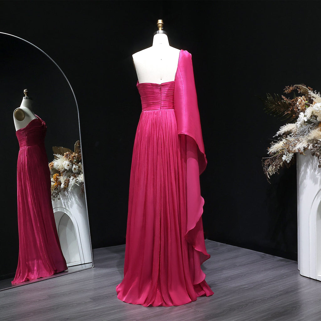 Luxury Fuchsia One Shoulder Evening Dress with Cap SF029