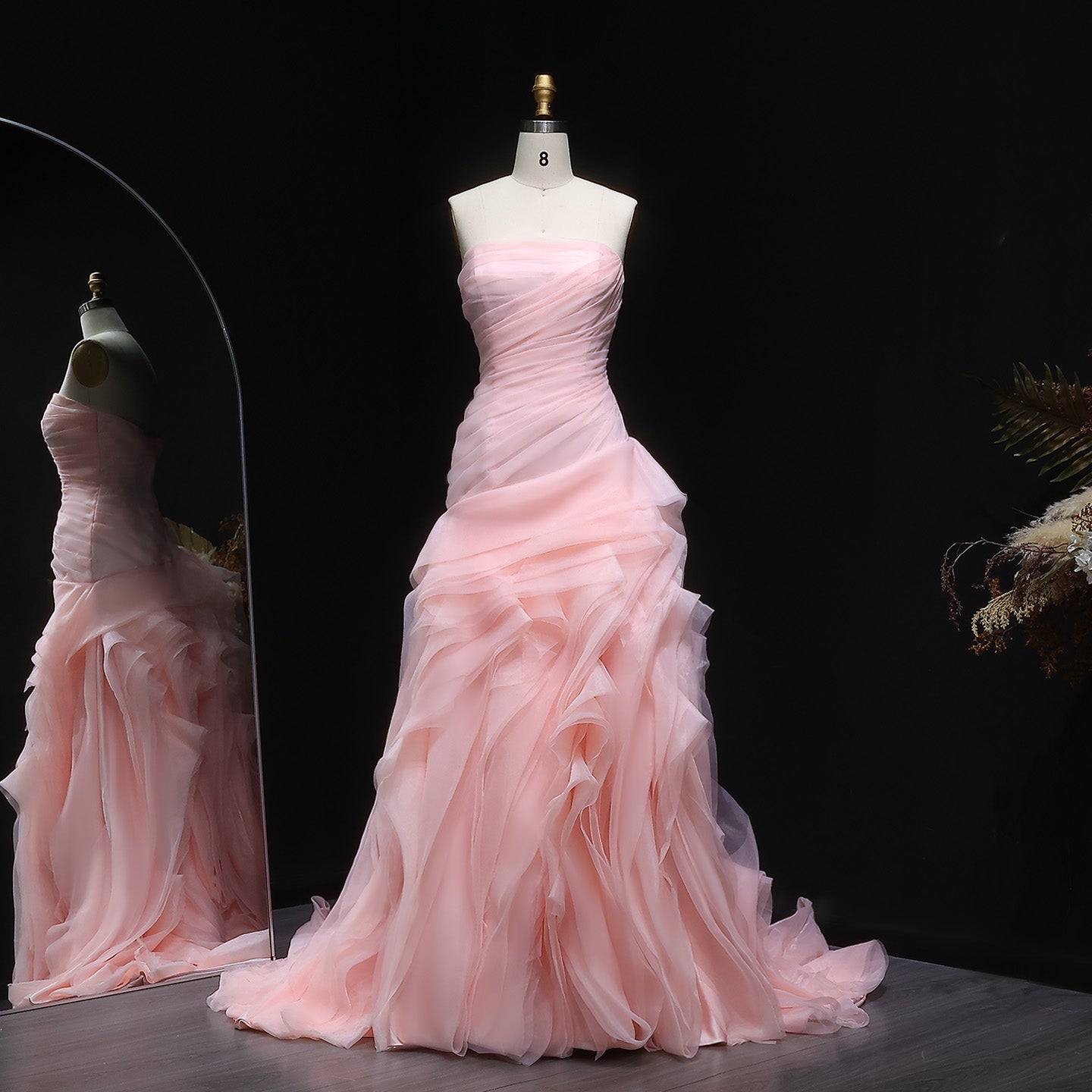 Elegant Strapless Ruffles Pink Evening Dress SF040