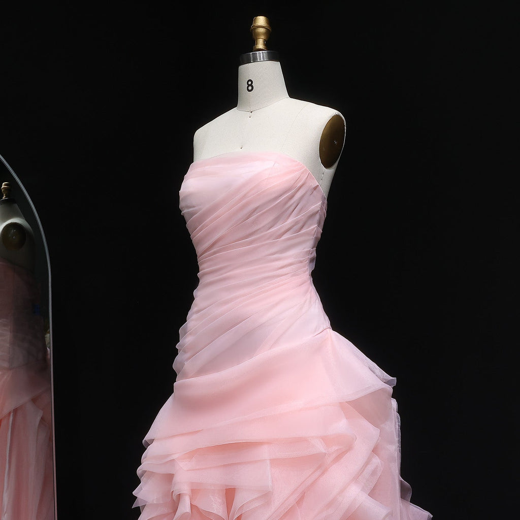 Elegant Strapless Ruffles Pink Evening Dress SF040