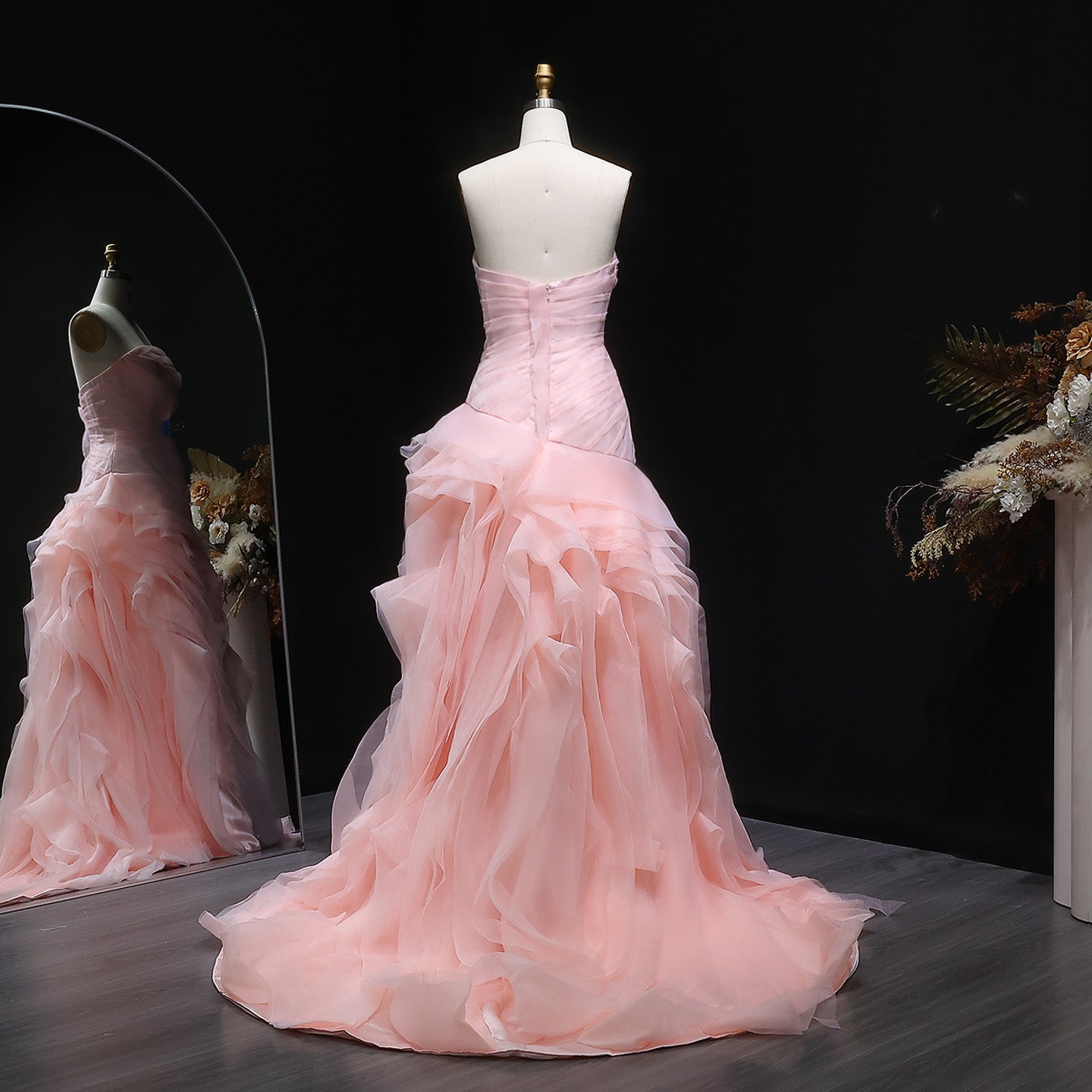 Elegant Strapless Ruffles Pink Evening Dress SF040