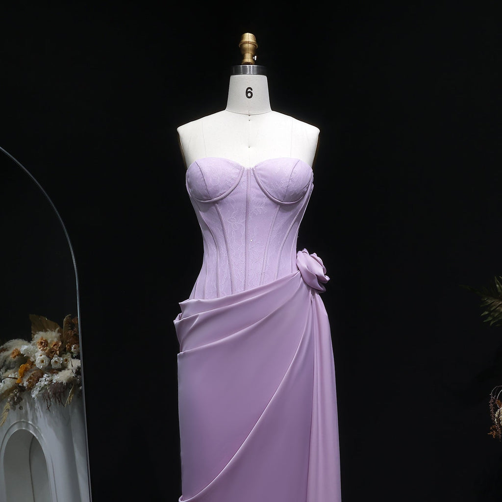 Luxury Pink 3D Floral Strapless Fitted Waist Evening Dress SF042