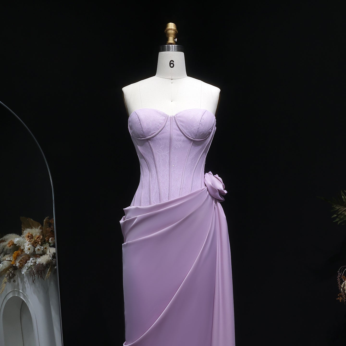 Luxury Pink 3D Floral Strapless Fitted Waist Evening Dress SF042