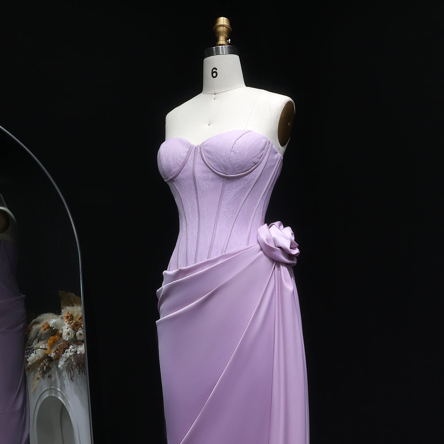 Luxury Pink 3D Floral Strapless Fitted Waist Evening Dress SF042