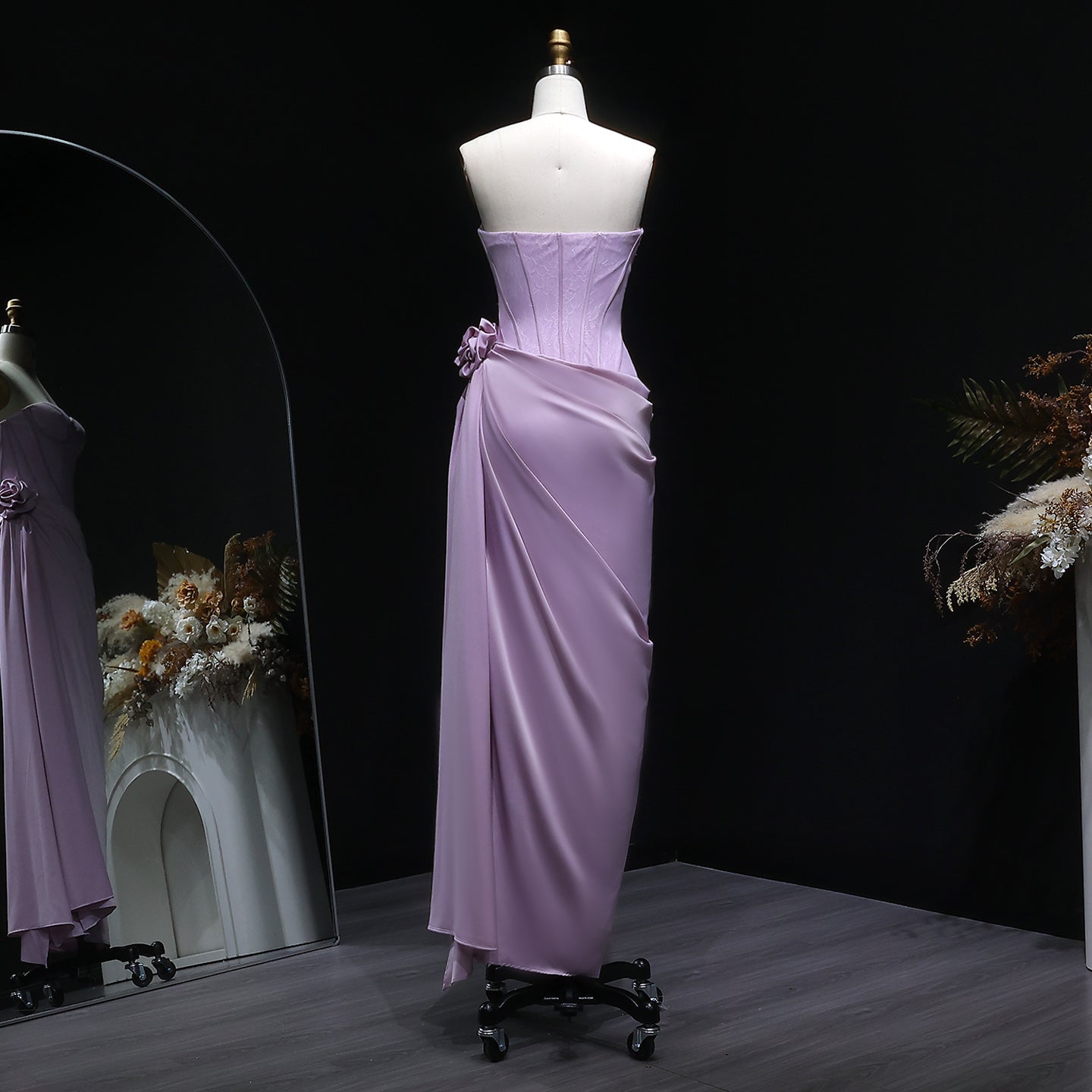 Luxury Pink 3D Floral Strapless Fitted Waist Evening Dress SF042