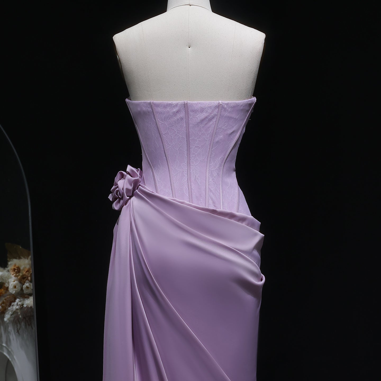 Luxury Pink 3D Floral Strapless Fitted Waist Evening Dress SF042