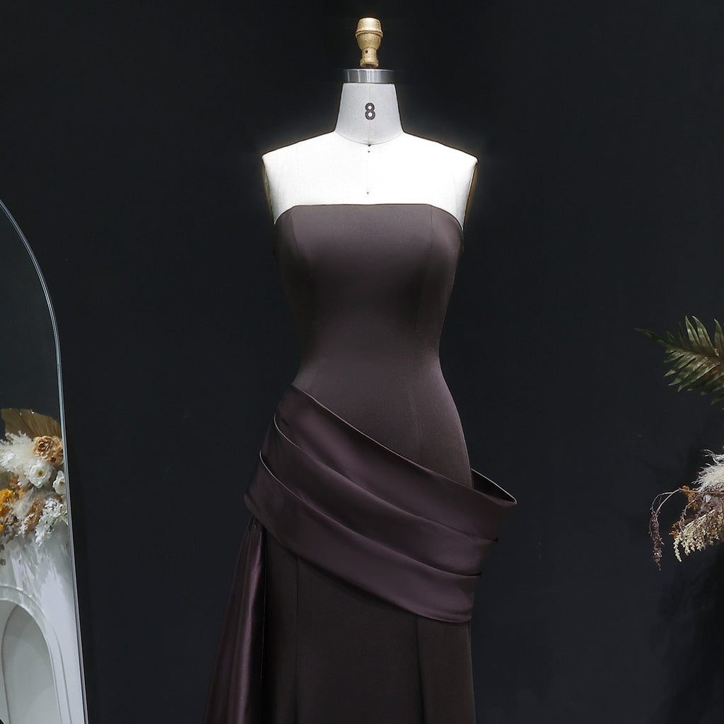 Luxury Burgundy Brown Strapless Mermaid Satin Evening Dress with Overskirt SF061
