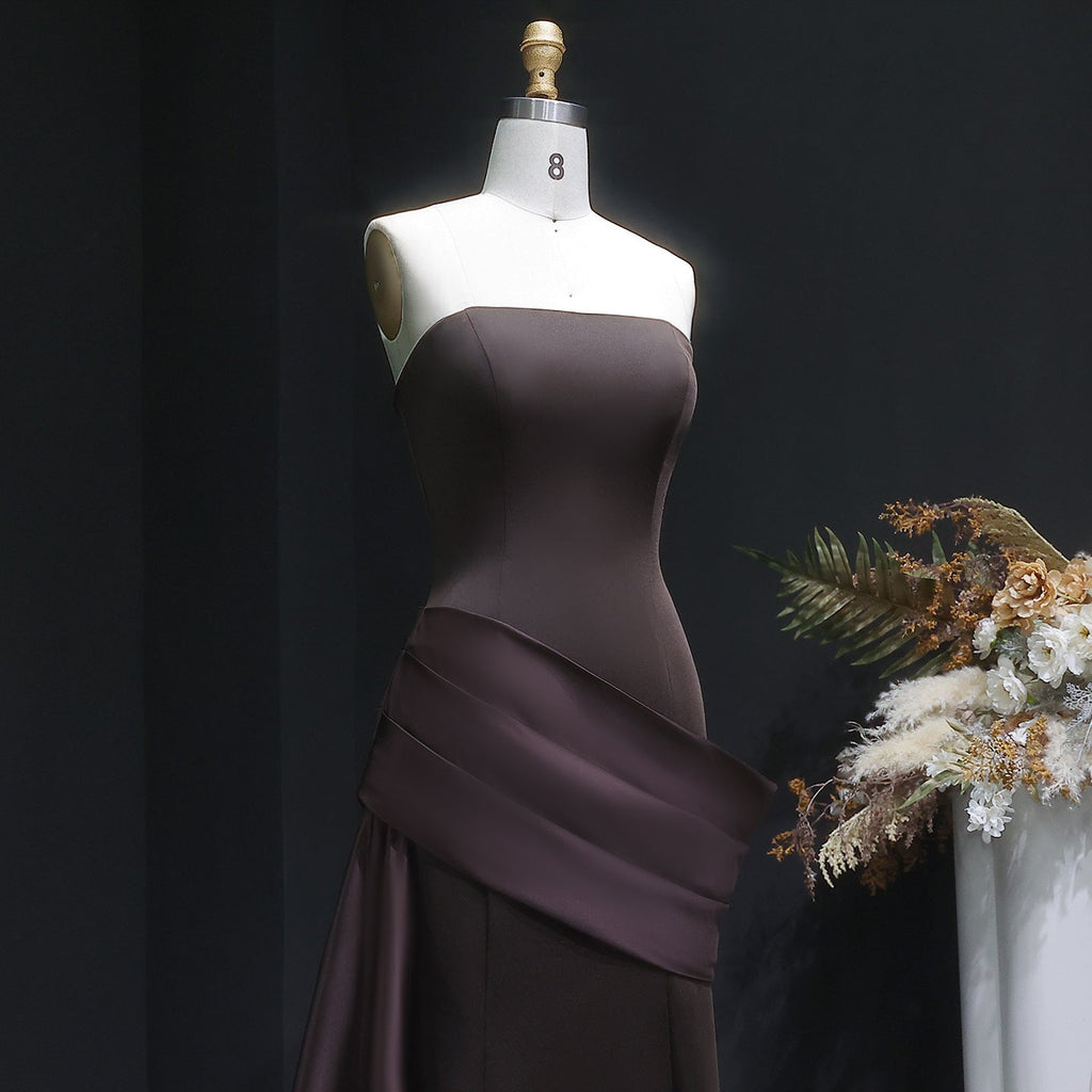 Luxury Burgundy Brown Strapless Mermaid Satin Evening Dress with Overskirt SF061