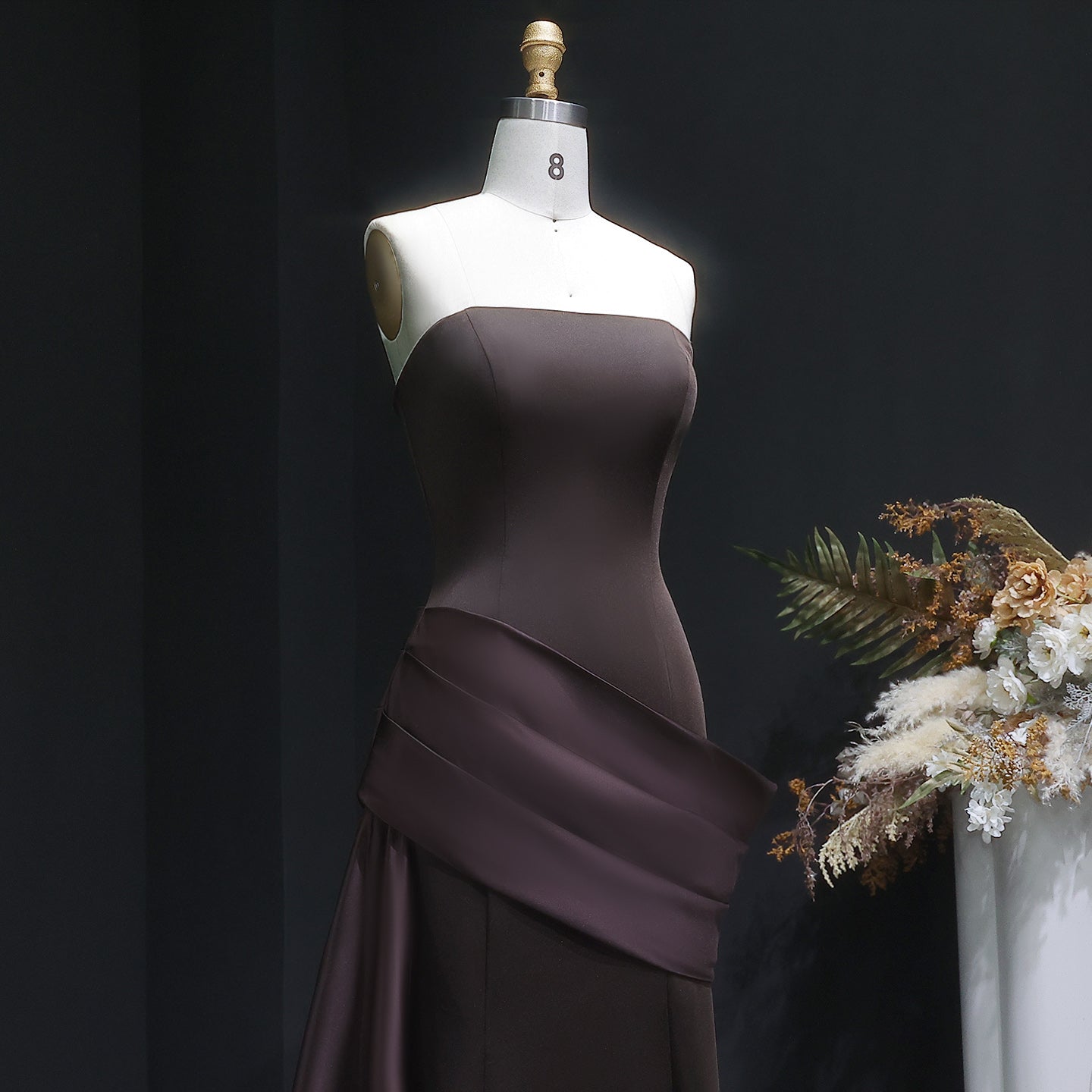 Luxury Burgundy Brown Strapless Mermaid Satin Evening Dress with Overskirt SF061