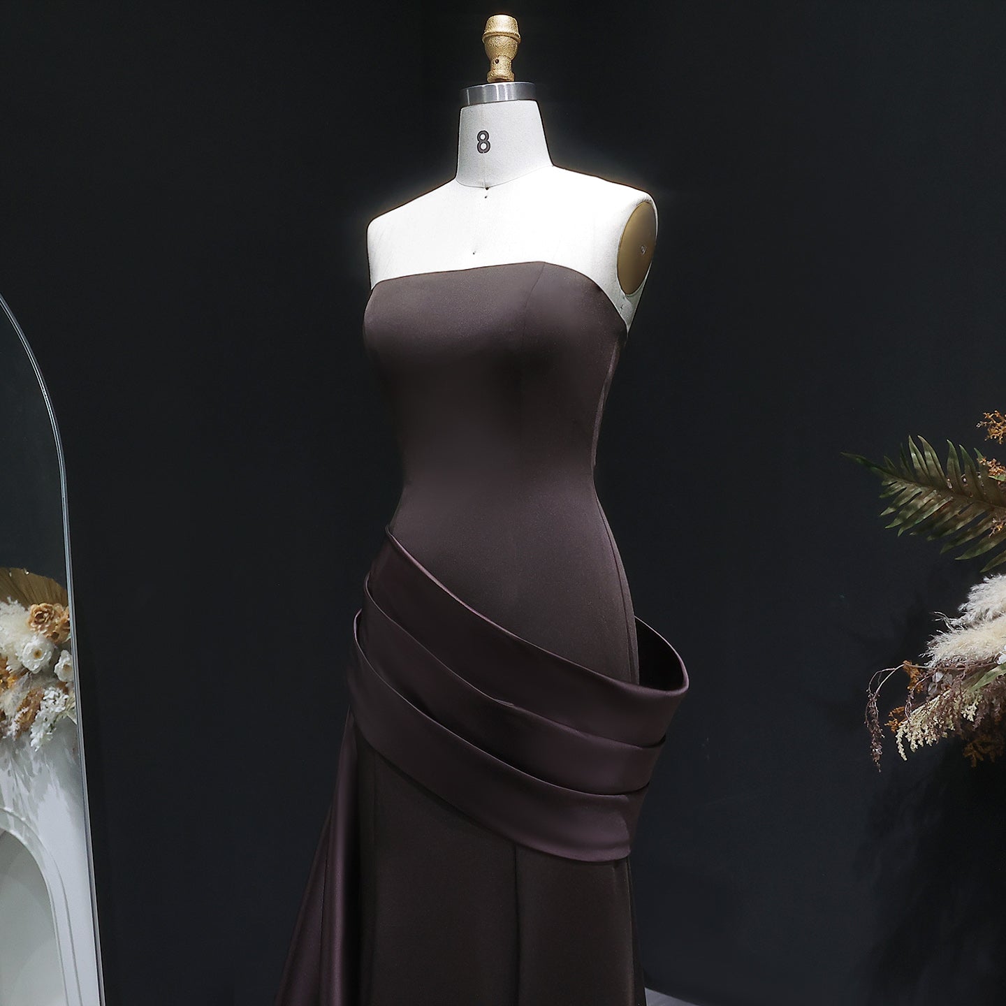 Luxury Burgundy Brown Strapless Mermaid Satin Evening Dress with Overskirt SF061