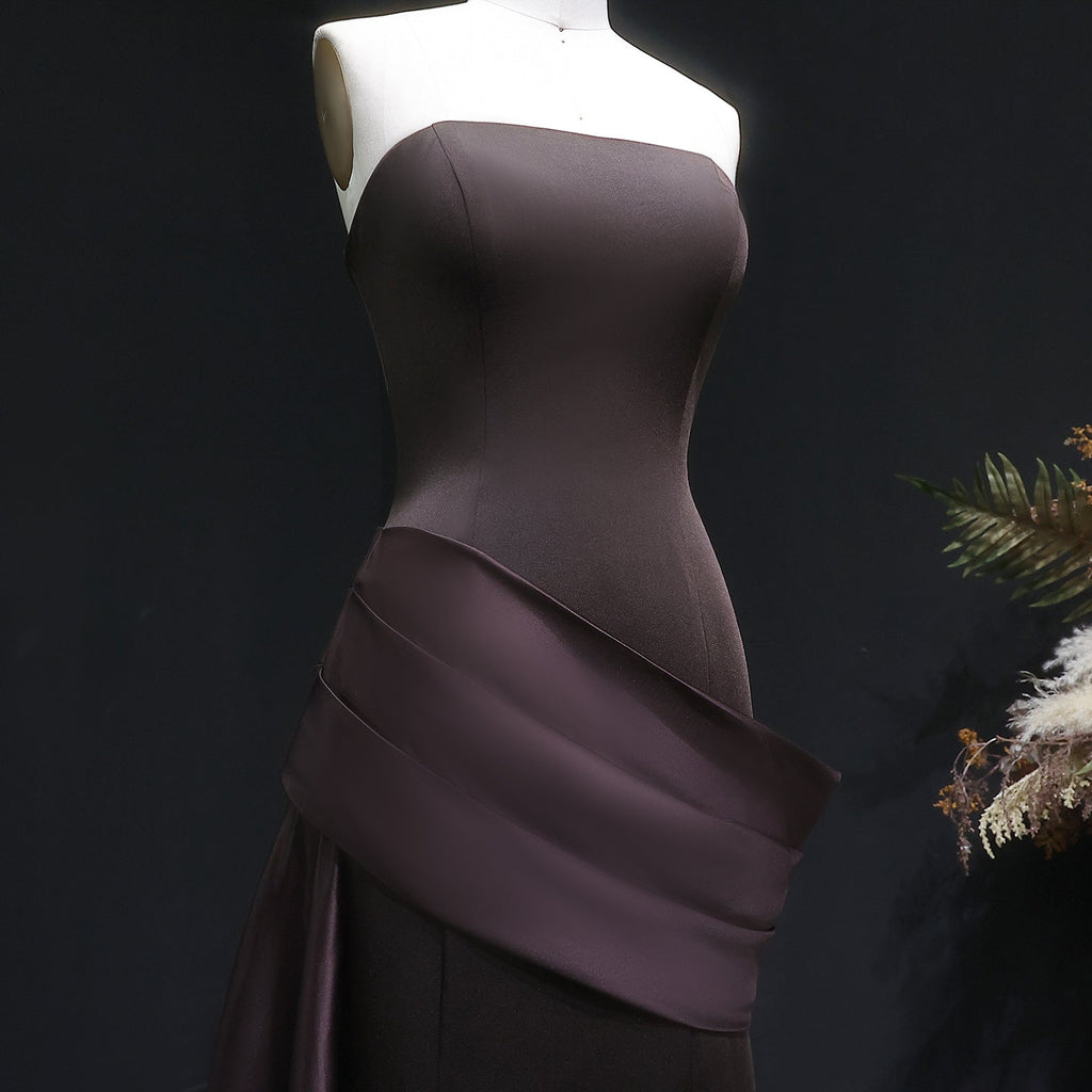 Luxury Burgundy Brown Strapless Mermaid Satin Evening Dress with Overskirt SF061