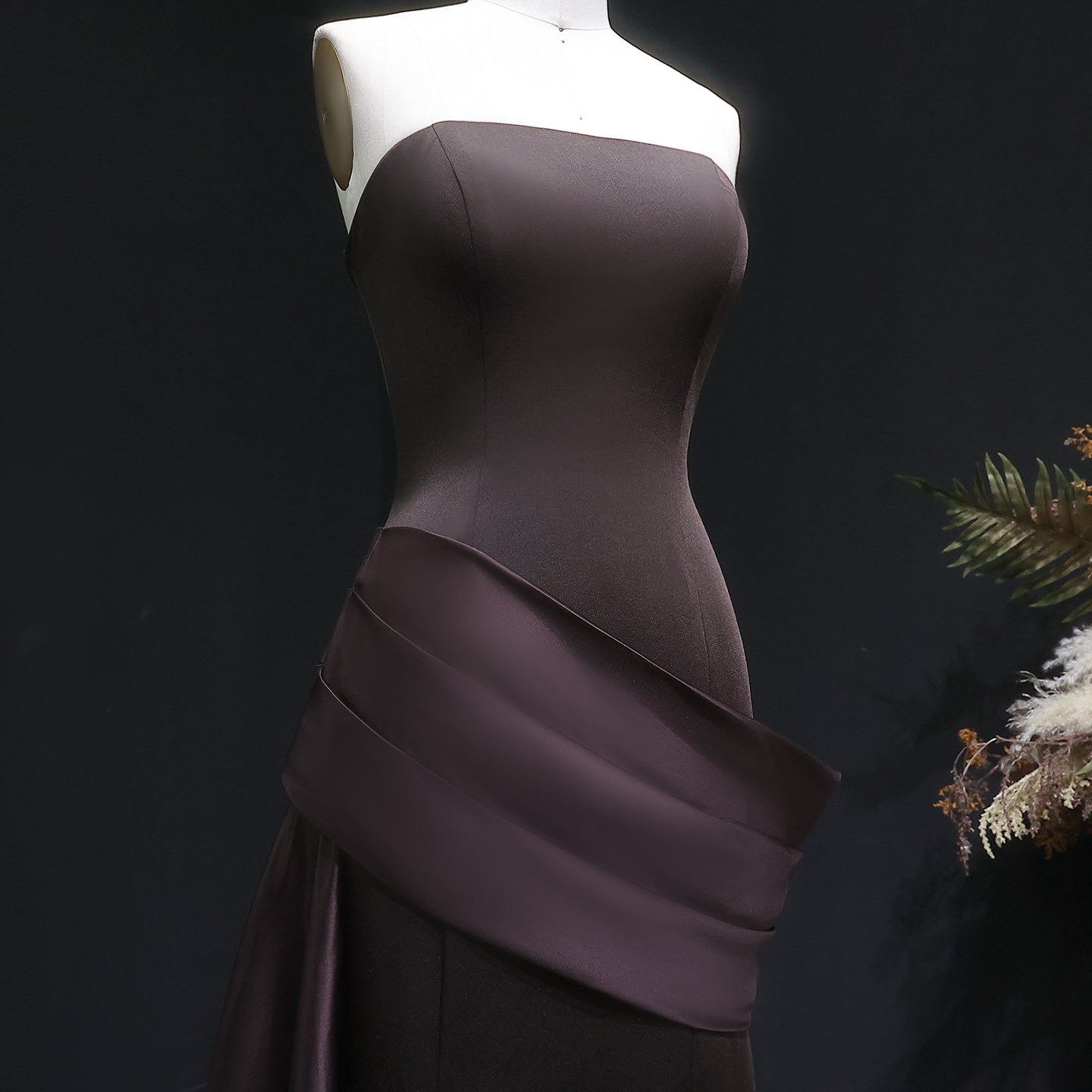 Luxury Burgundy Brown Strapless Mermaid Satin Evening Dress with Overskirt SF061