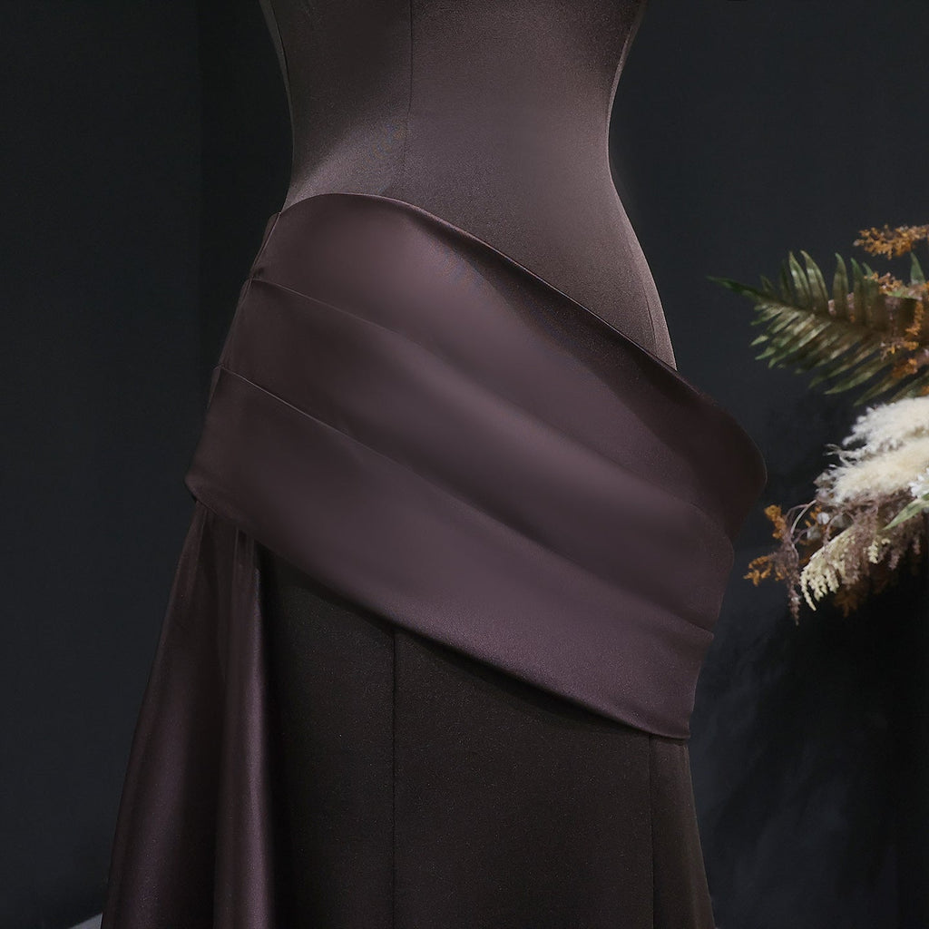 Luxury Burgundy Brown Strapless Mermaid Satin Evening Dress with Overskirt SF061