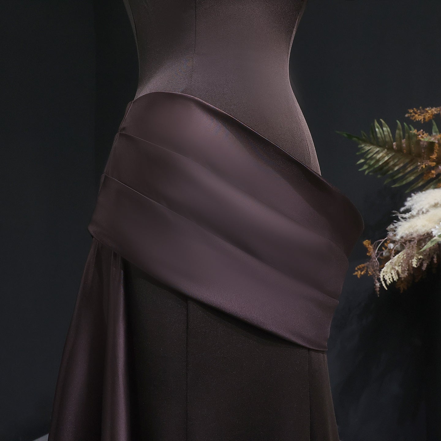 Luxury Burgundy Brown Strapless Mermaid Satin Evening Dress with Overskirt SF061