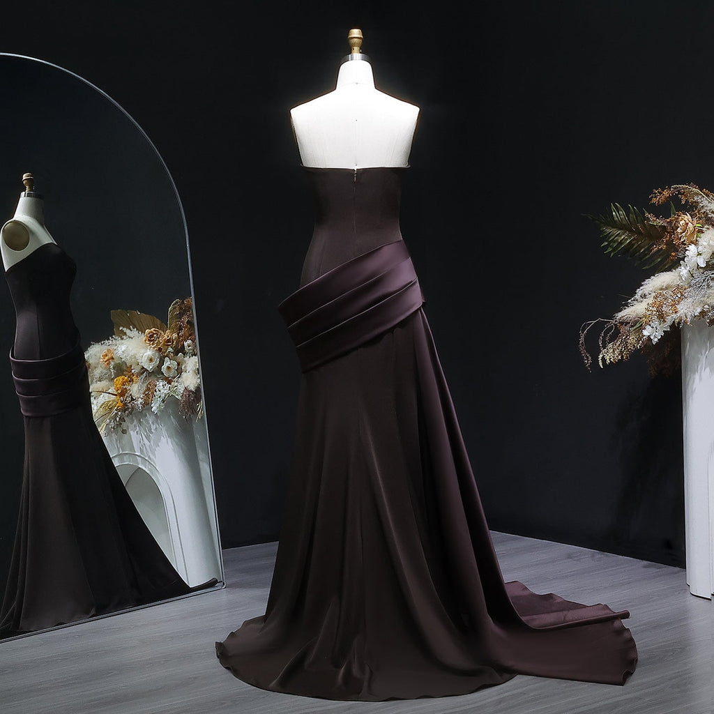 Luxury Burgundy Brown Strapless Mermaid Satin Evening Dress with Overskirt SF061