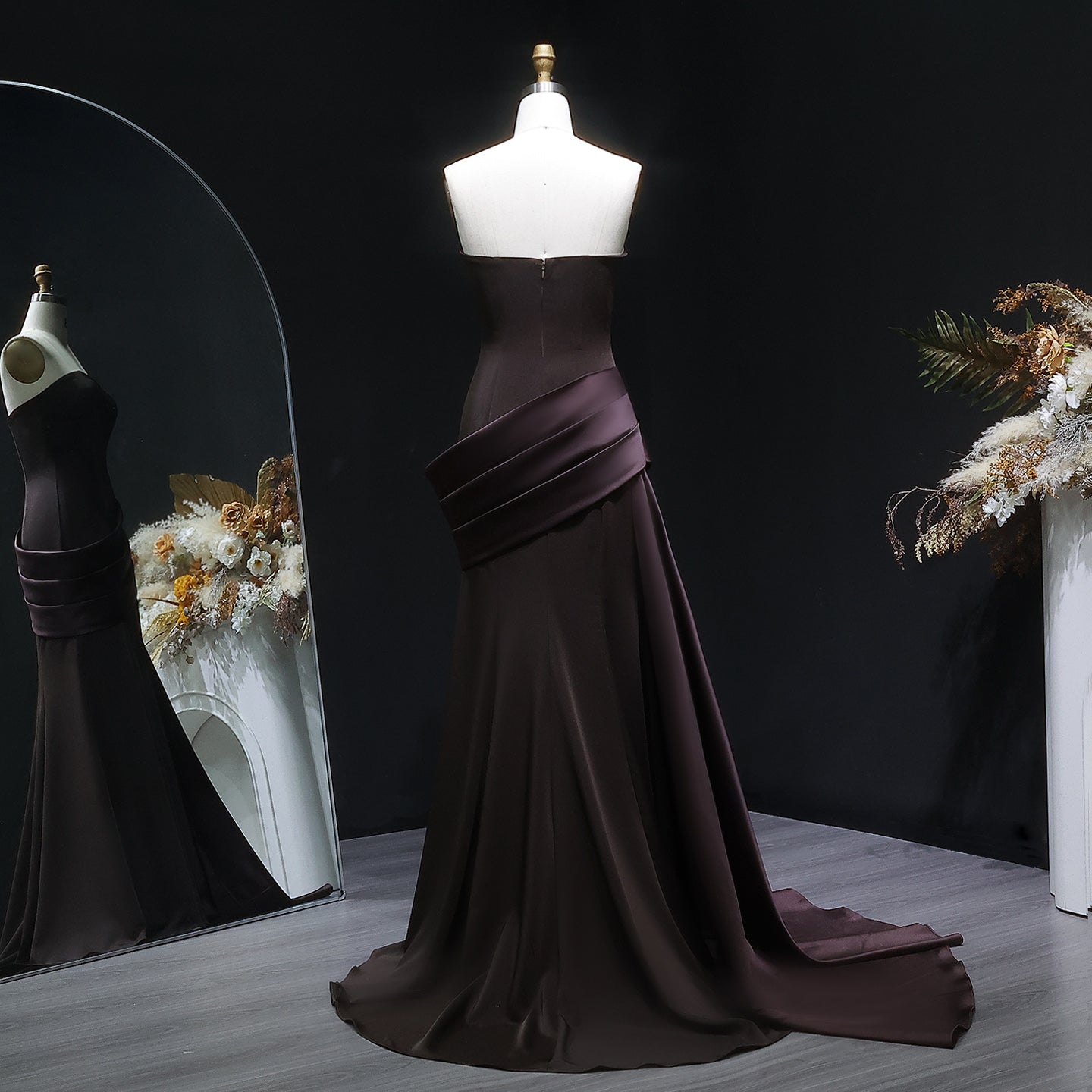 Luxury Burgundy Brown Strapless Mermaid Satin Evening Dress with Overskirt SF061