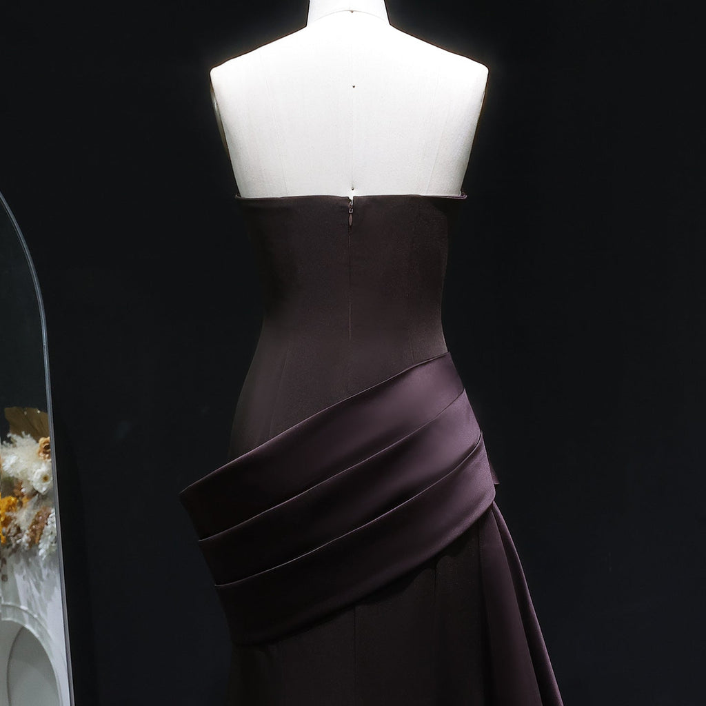 Luxury Burgundy Brown Strapless Mermaid Satin Evening Dress with Overskirt SF061
