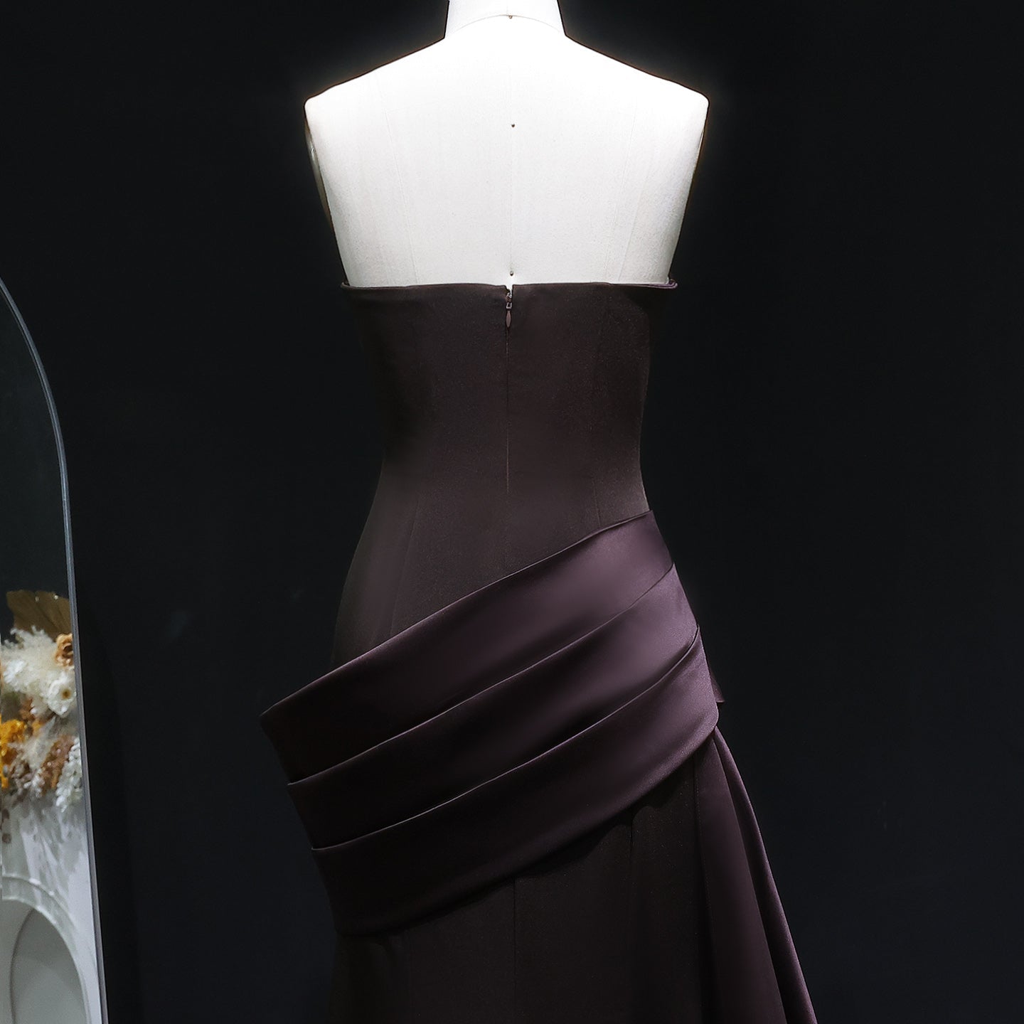 Luxury Burgundy Brown Strapless Mermaid Satin Evening Dress with Overskirt SF061