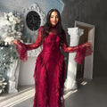 Luxury Wine Red Ruffled Lace Long Sleeve Evening Dress SF063