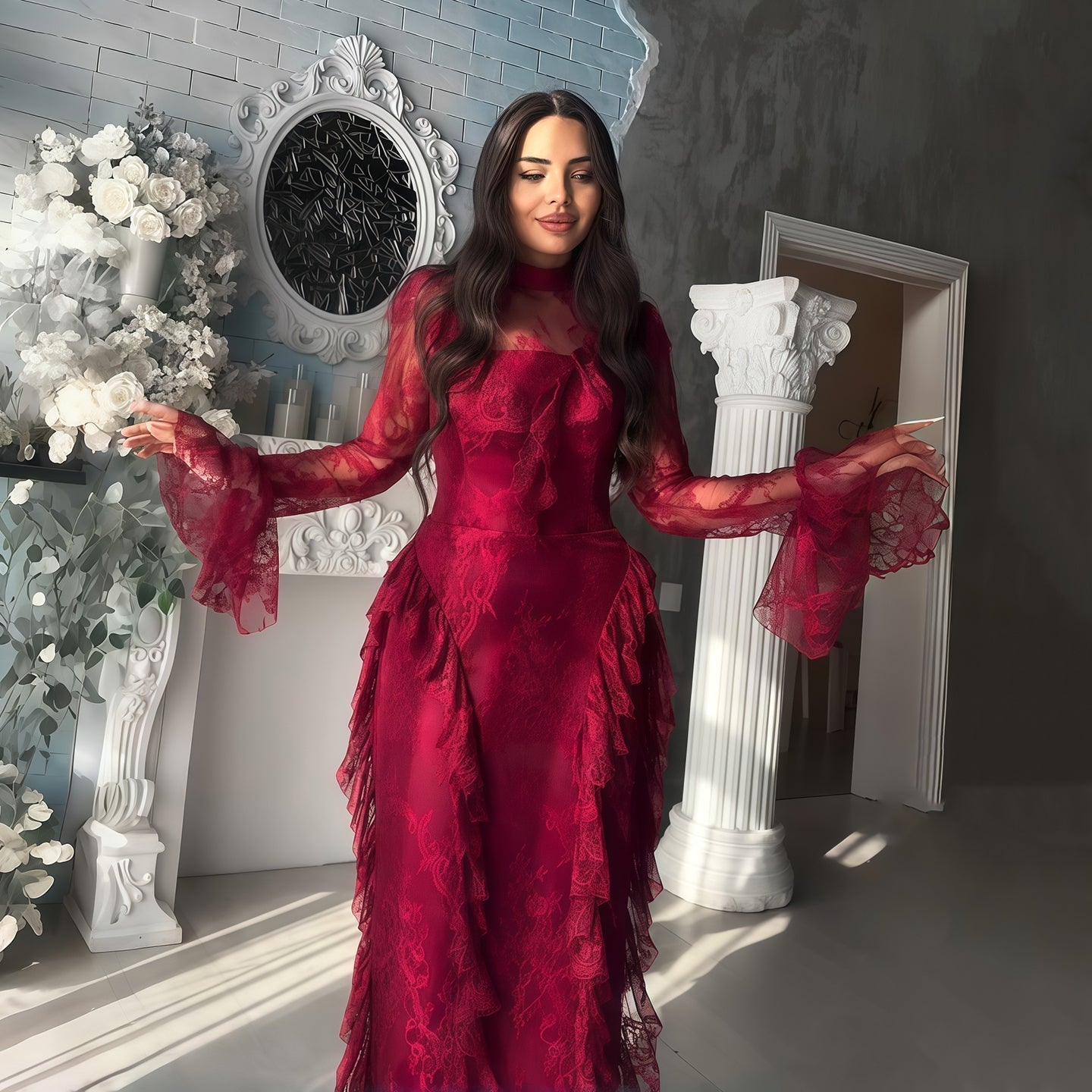 Luxury Wine Red Ruffled Lace Long Sleeve Evening Dress SF063
