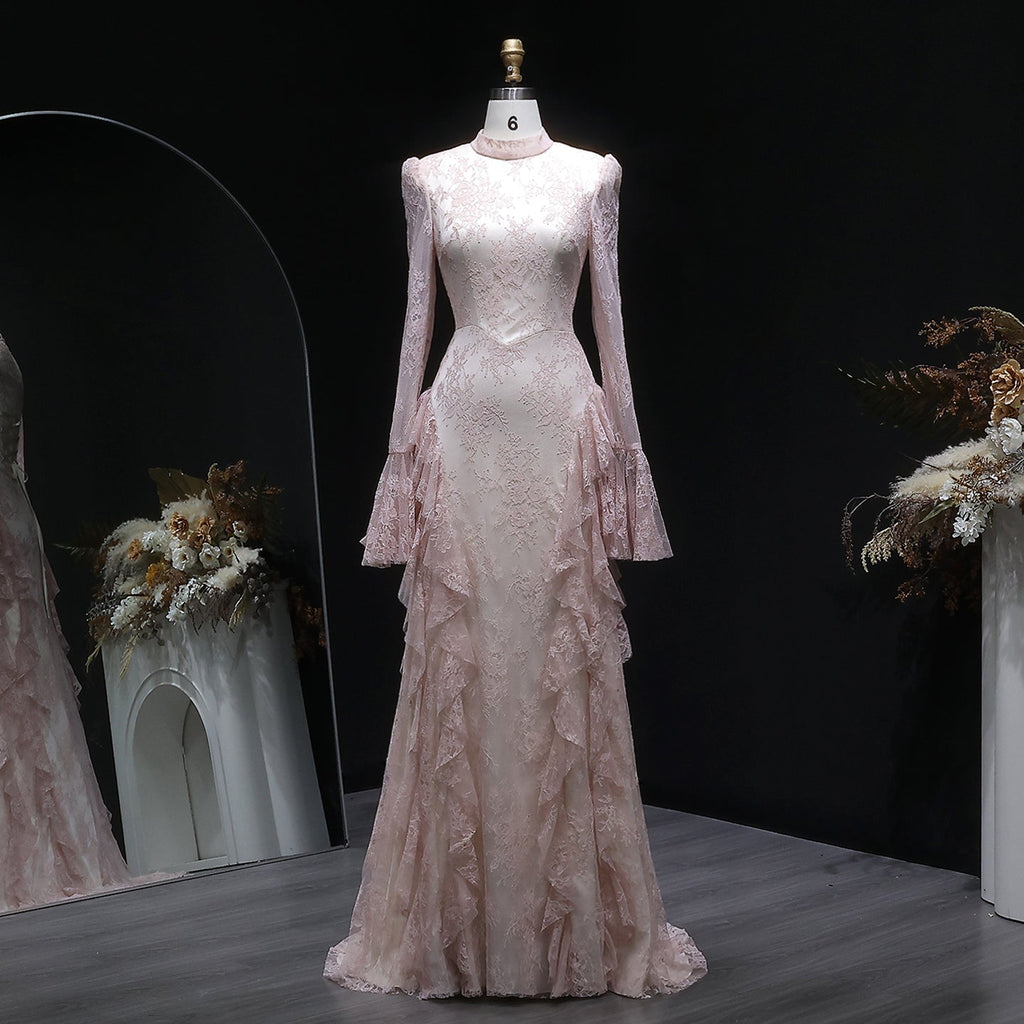 Elegant Pink Lace Long Sleeve Evening Dress with Lacing SF065