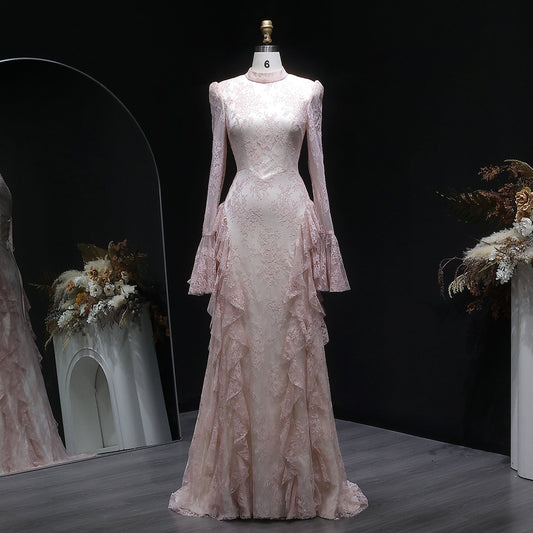 Elegant Pink Lace Long Sleeve Evening Dress with Lacing SF065