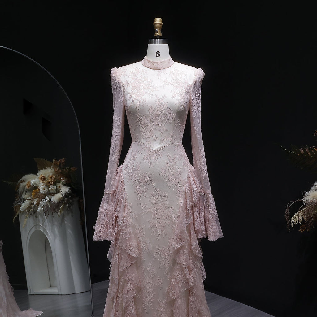 Elegant Pink Lace Long Sleeve Evening Dress with Lacing SF065