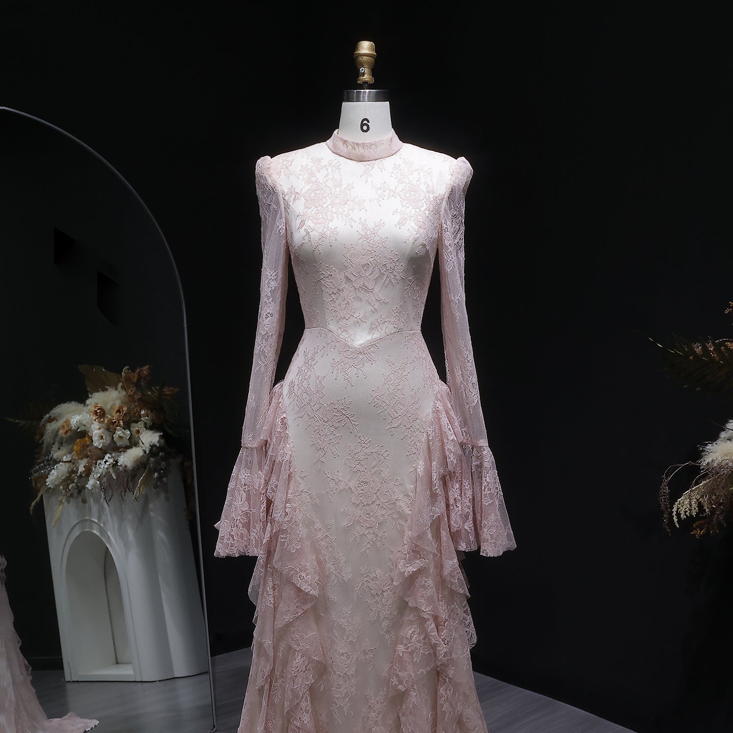 Elegant Pink Lace Long Sleeve Evening Dress with Lacing SF065