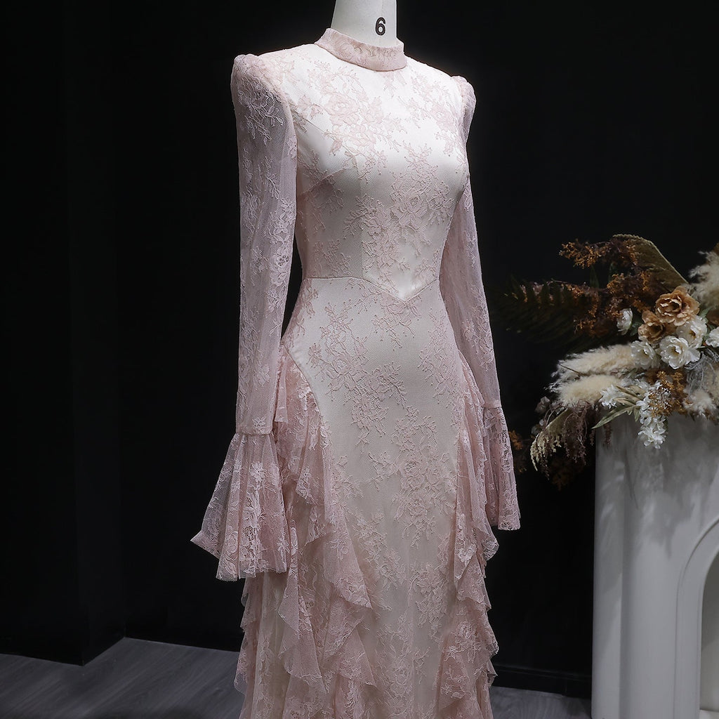 Elegant Pink Lace Long Sleeve Evening Dress with Lacing SF065
