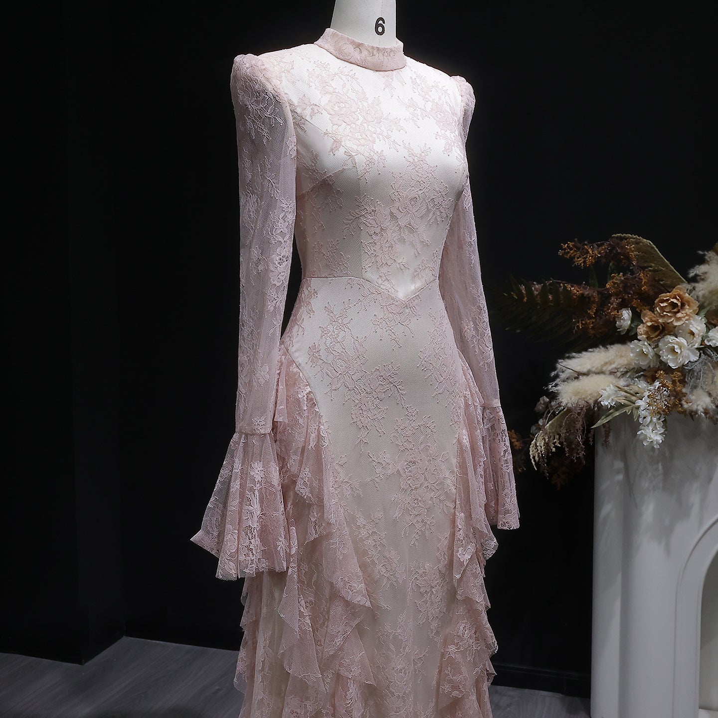 Elegant Pink Lace Long Sleeve Evening Dress with Lacing SF065